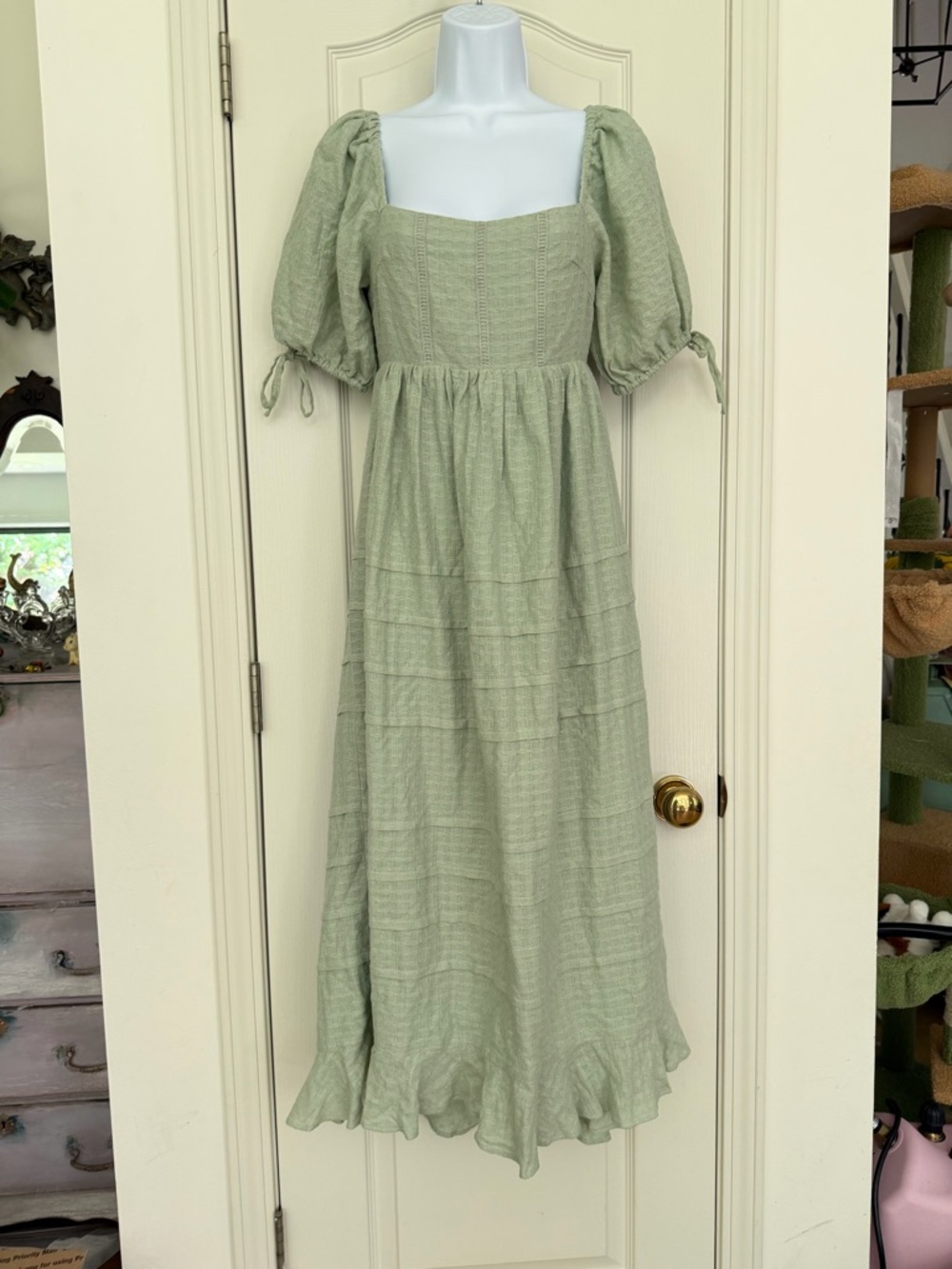Showpo Dress Sage Green US 4 Cotton Gauze Puff Sleeve Open Back Midi Cottagecore - Picture 2 of 12